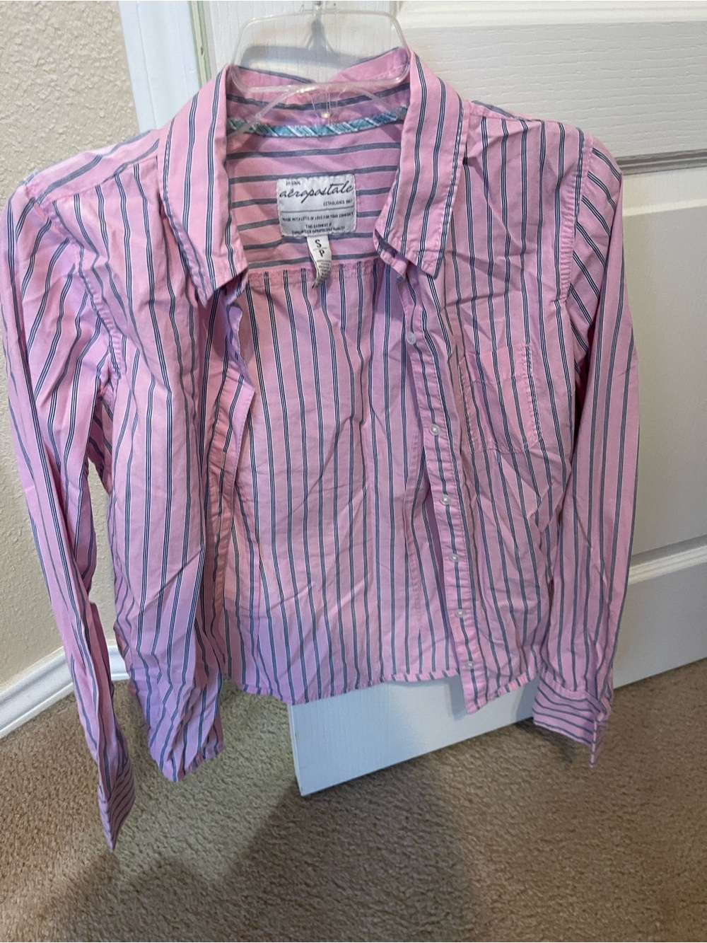 Aeropostale Pink Button-Up Shirt with Navy Stripes